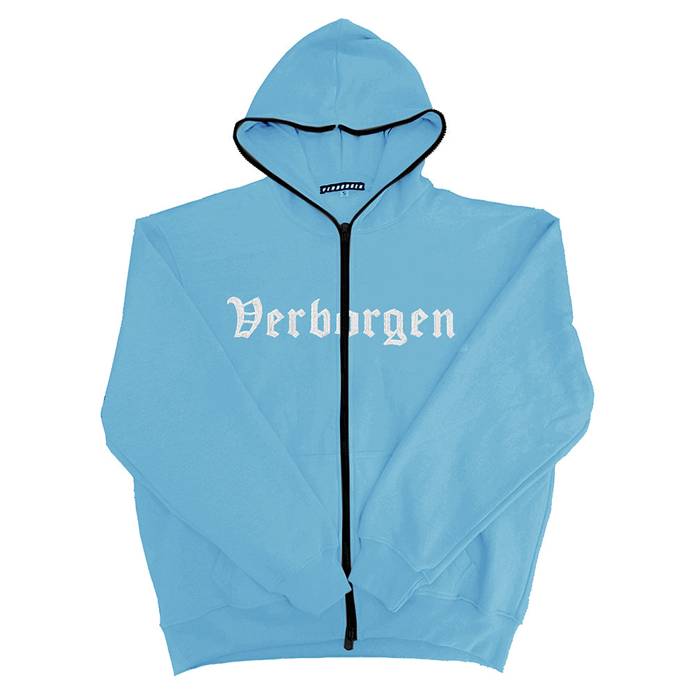 Full Zip Up Embroidery Hoodie - Baby Blue
