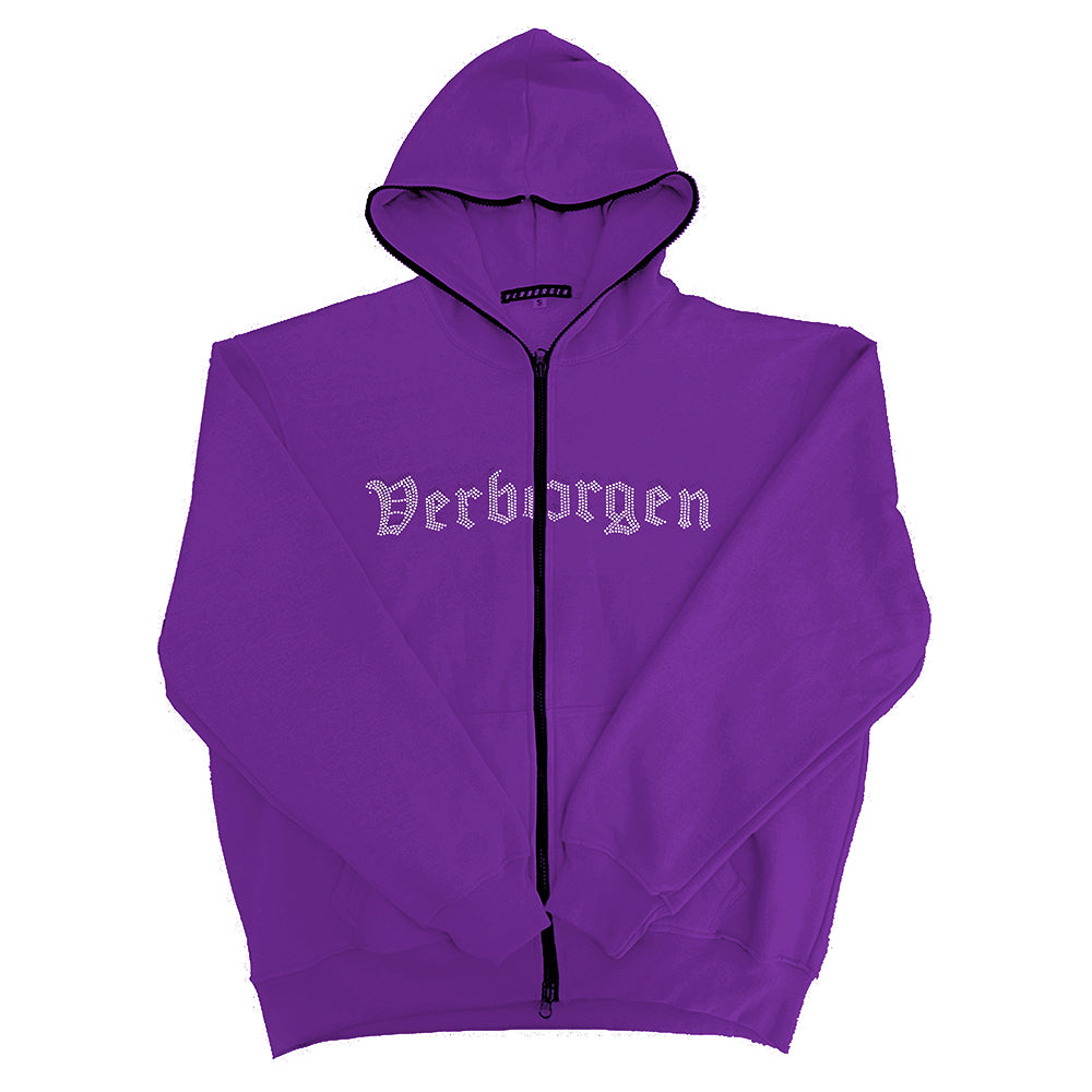Full Zip up Rhinestone Hoodie - Purple