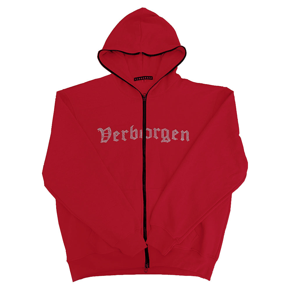 Full Zip up Rhinestone Hoodie - Red