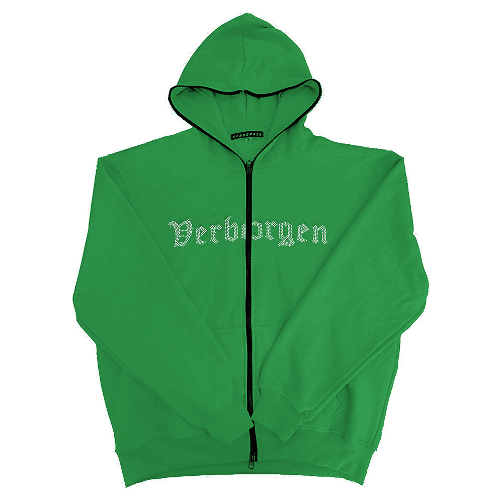Full Zip up Rhinestone Hoodie - Green