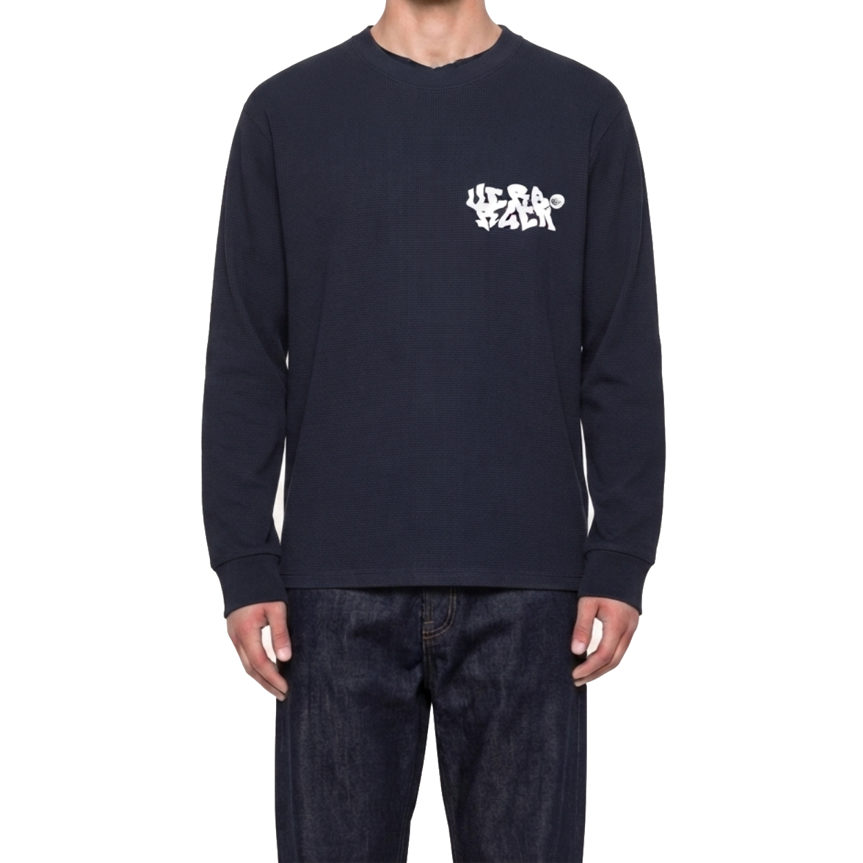 Waffle Knit Verborgen LS T-Shirt - Navy