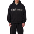 Full Zip up Rhinestone Hoodie - Black