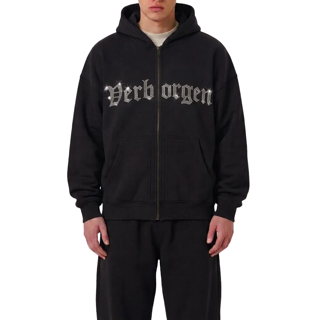 Full Zip up Rhinestone Hoodie - Black