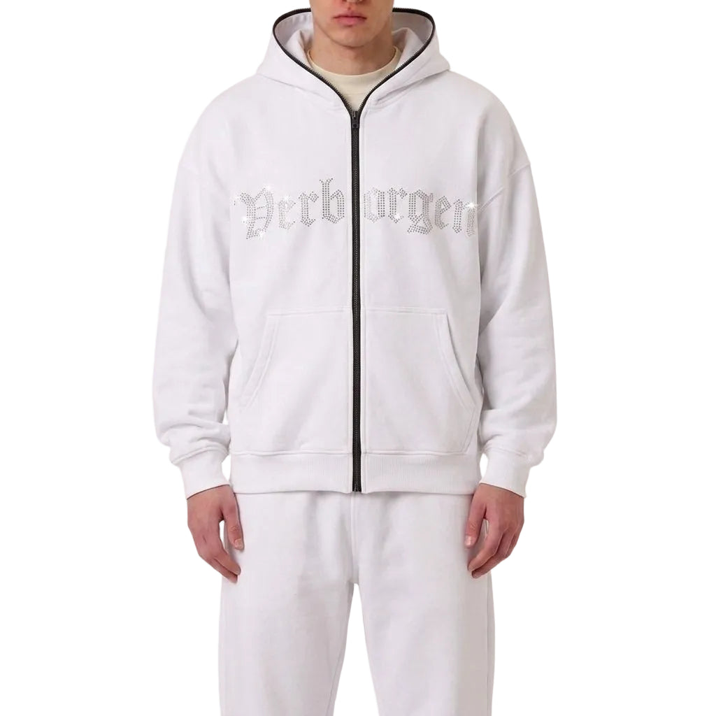 Full Zip up Rhinestone Hoodie - White