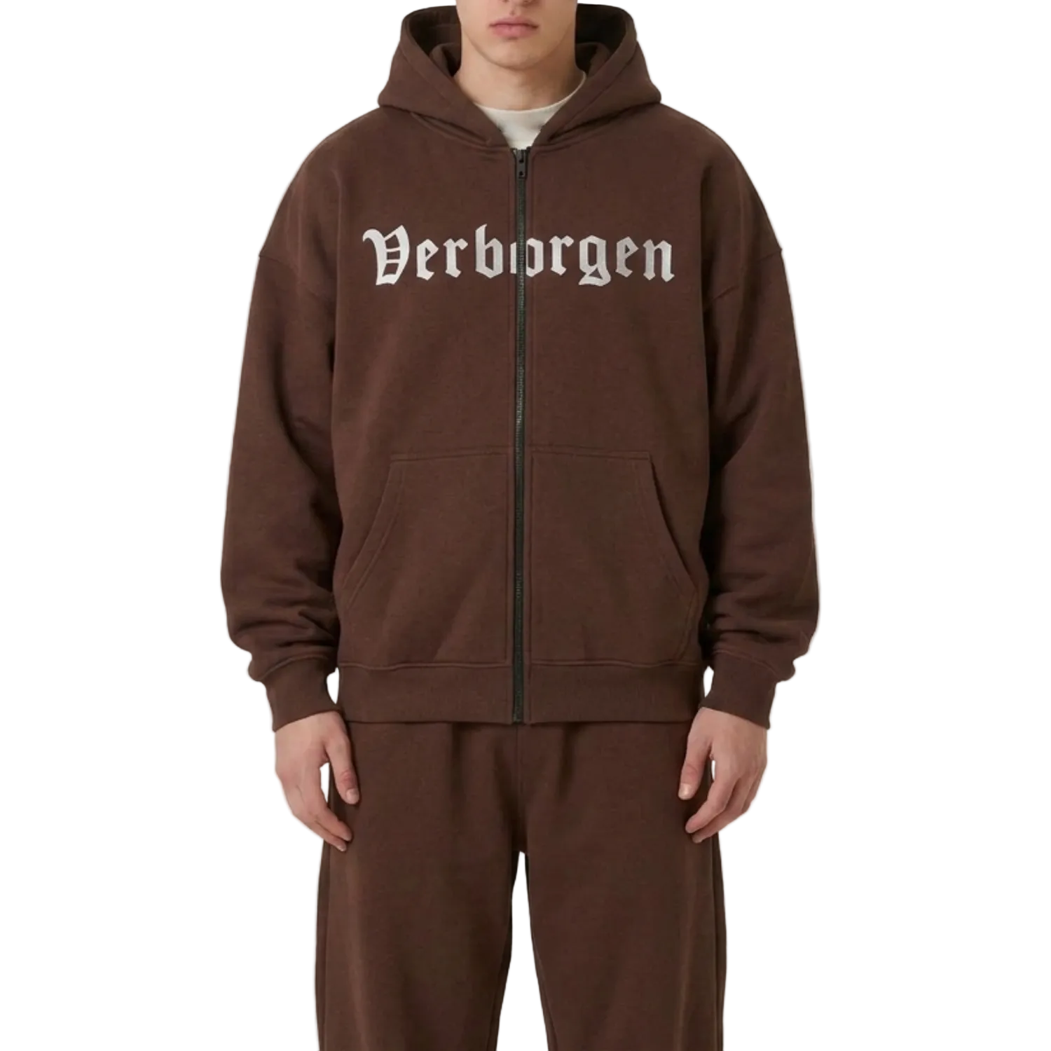 Embroidery ZIp-Up Hoodies - Brown