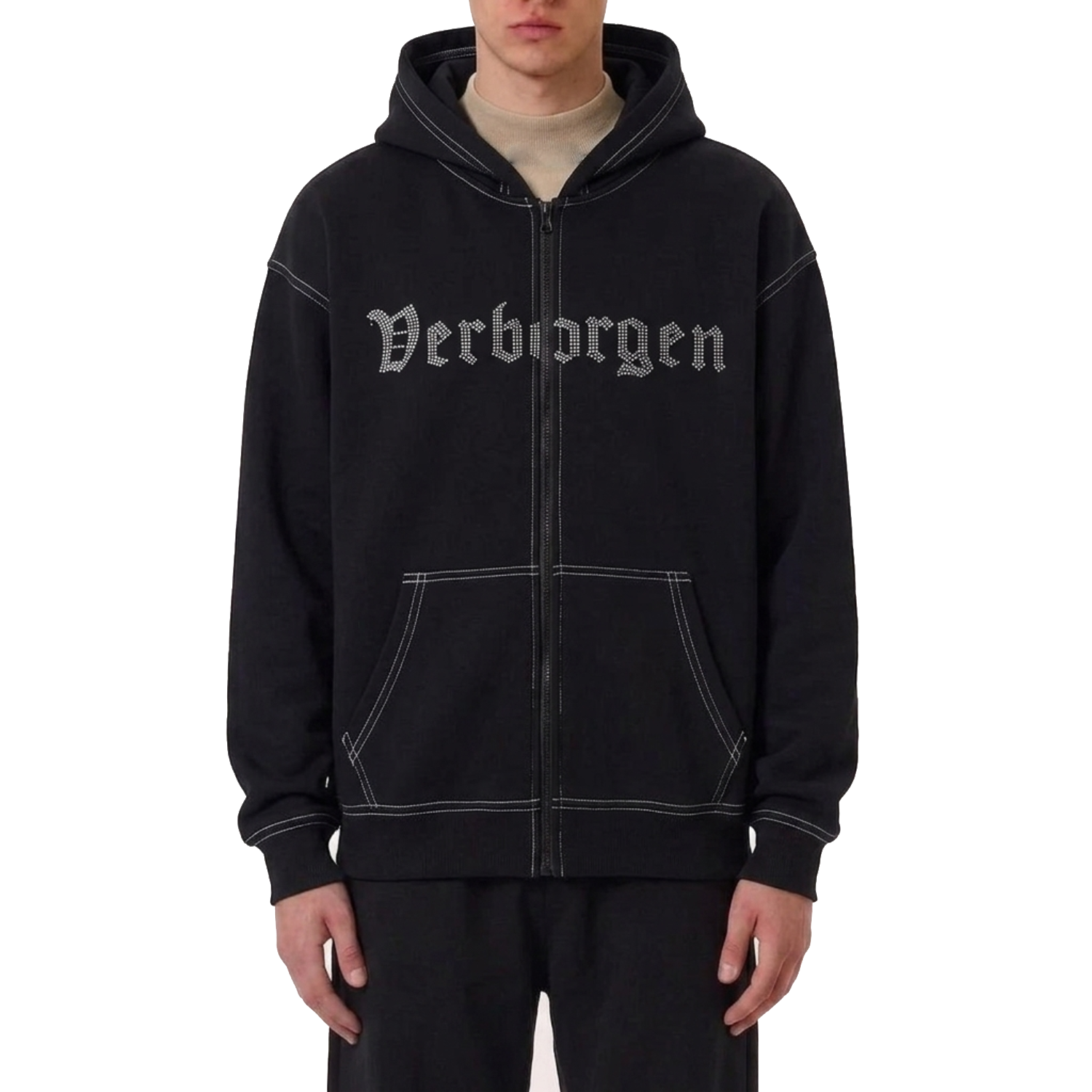 Contrast Rhinestone Stitch Hoodie – Black
