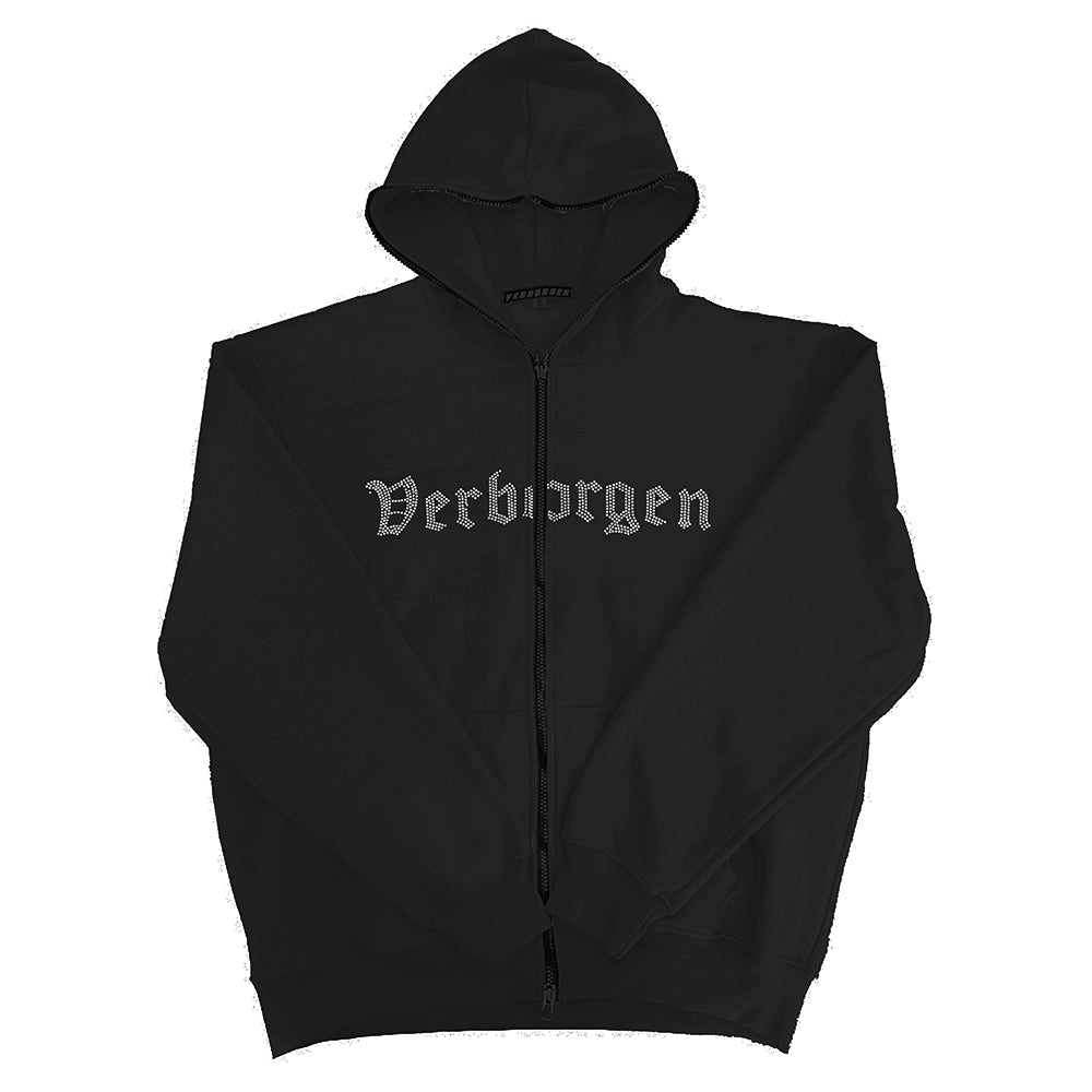 Full Zip up Rhinestone Hoodie - Black