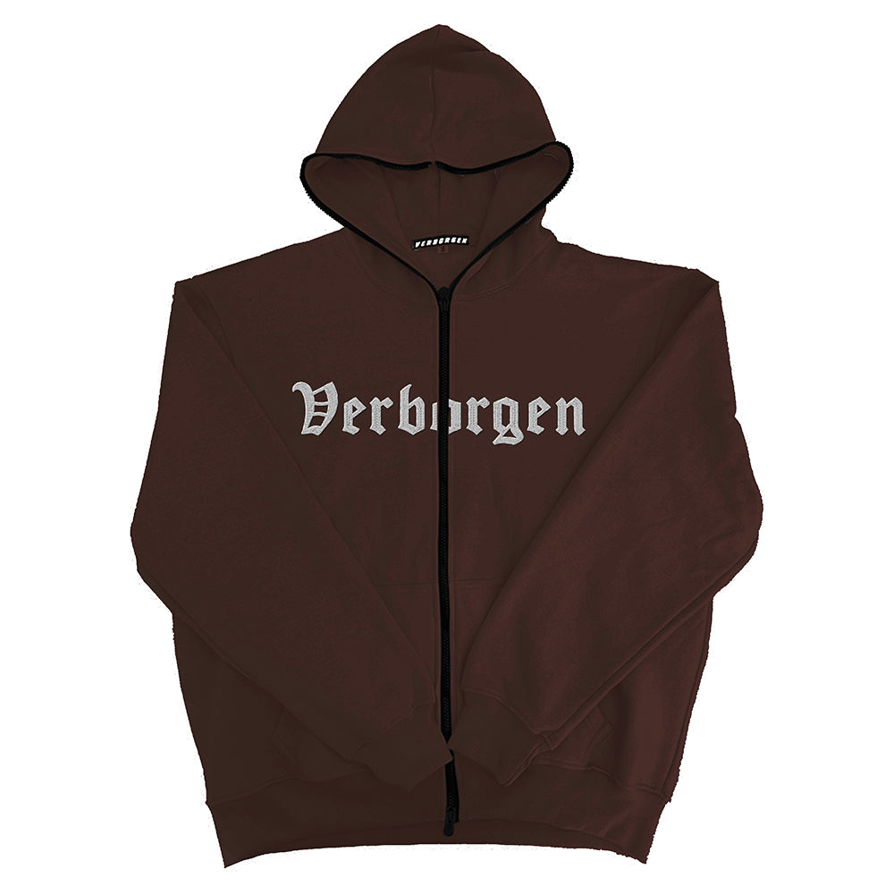 Full Zip up Embroidery Hoodie - Brown