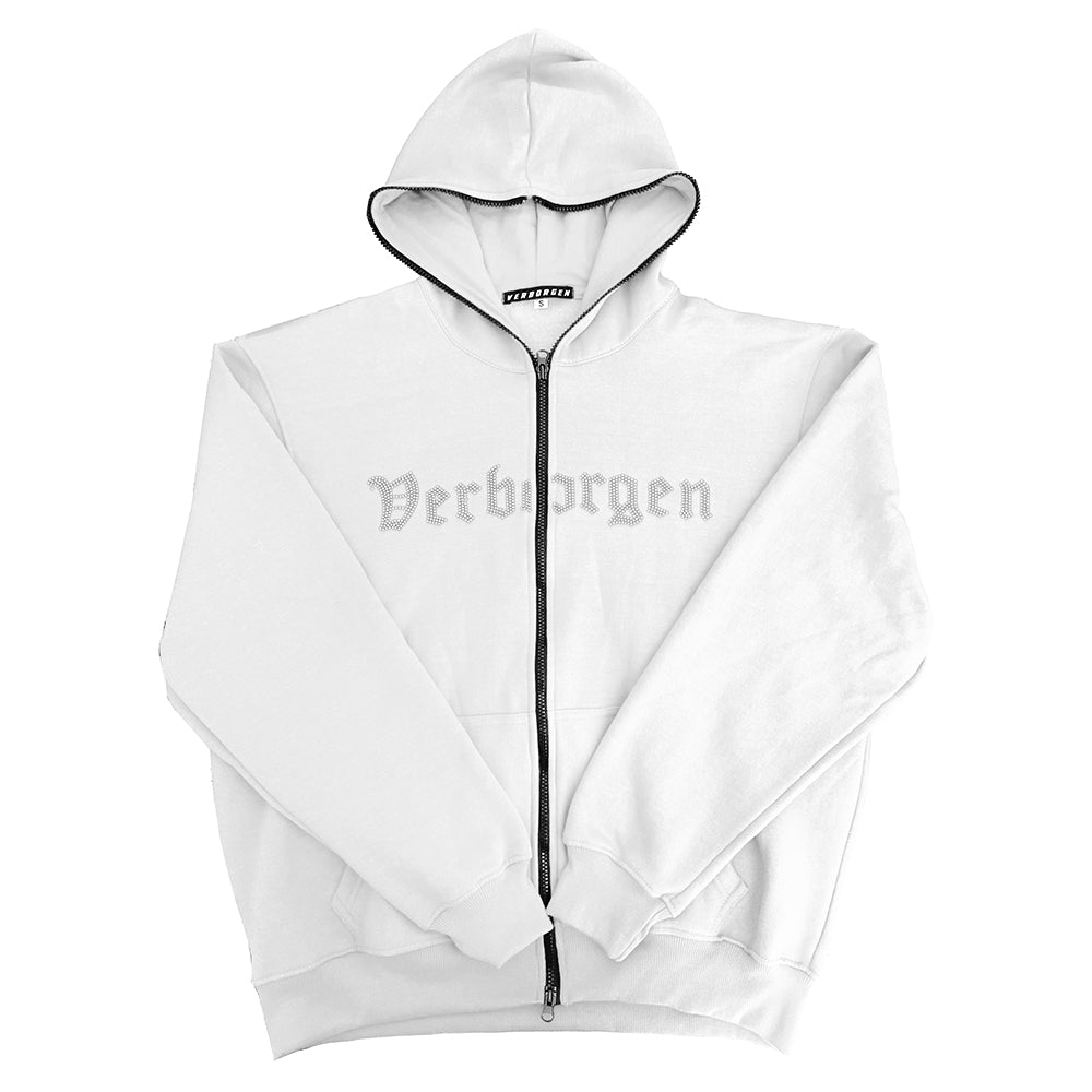 Full Zip up Rhinestone Hoodie - White